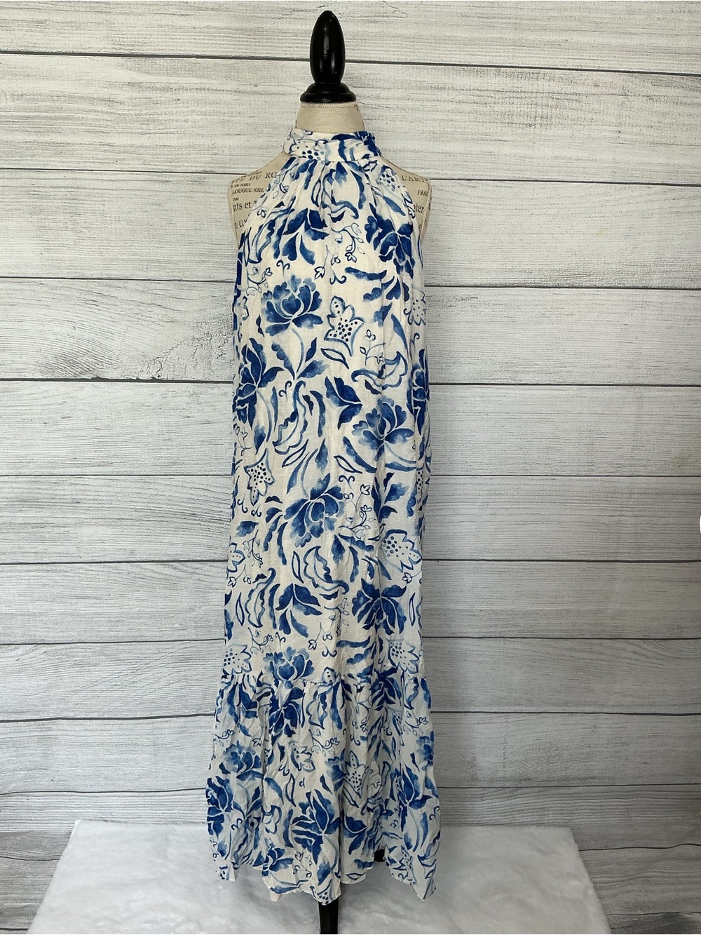1. State Blue and White Floral Halter Maxi Dress